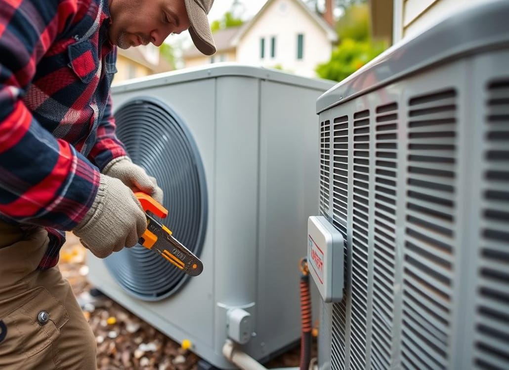 Heat pump installation technician working on an outdoor unit in Millis, MA