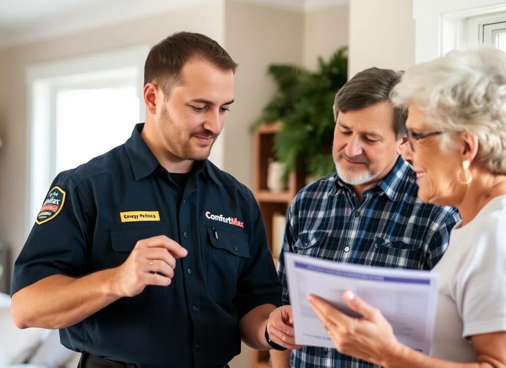 ComfortMax technician explaining heat pump benefits to Millis homeowner